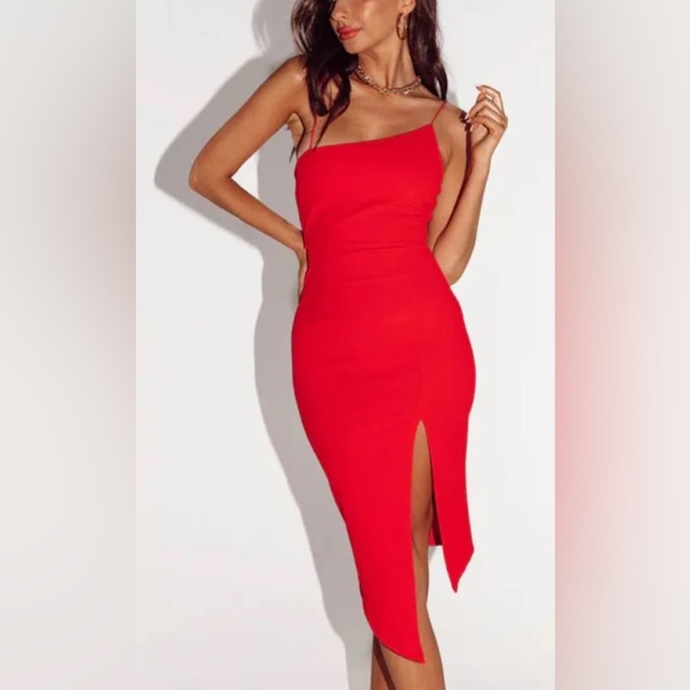 Princess Polly One Shoulder Midi Red Dress with slit